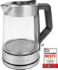 A glass and stainless steel electric kettle is shown on a white background with a promotional badge on the right. Produktbild-Vorschau