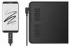 A graphic tablet is shown connected to a smartphone, demonstrating its functionality. Produktbild-Vorschau