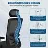A close-up view of an ergonomic office chair, with diagrams illustrating its features. Produktbild-Vorschau