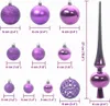 A collection of purple Christmas ornaments of various sizes and a tree topper, with measurement labels. Produktbild-Vorschau