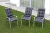 Three outdoor chairs with gray cushions are placed on a green lawn next to a building with a large window. Produktbild-Vorschau