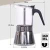 A glass and metal moka pot is shown with dimensions and capacity indicated. Produktbild-Vorschau