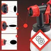 A close-up marketing image of a red and black electric paint sprayer with a white container, featuring diagrams and a safety symbol. Produktbild-Vorschau
