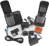 A collection of Panasonic cordless phone components, including handsets, charging bases, power adapters, and batteries, laid out on a white background. Voir les images du produit