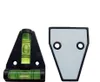 A black triangular mini-spirit level with two green vials and a separate white triangular backing plate with two holes. Produktbild-Vorschau