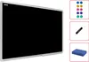 A black magnetic whiteboard with a silver frame, shown with accessories like magnets, a marker, and an eraser. Produktbild-Vorschau