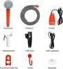 A flat lay of various components of a portable camping shower kit, arranged in a grid. Produktbild-Vorschau