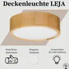 A product image of a wooden ceiling light with descriptive text and icons below. Produktbild-Vorschau