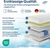 A cross-section diagram of a mattress showing its different layers, with accompanying text and logos. Produktbild-Vorschau