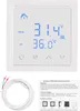 A white smart thermostat with a digital display showing temperature readings, along with a coiled cable and a user manual. Náhľad obrázku produktu