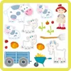 A collage of farm-themed stickers, including cows, sheep, a goat, a girl, a wagon, a wheelbarrow, pumpkins, and plants. Produktbild-Vorschau