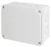 A white electrical junction box with multiple circular entry points for cables. Produktbild-Vorschau
