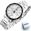A silver Casio watch with a white dial is shown on a white background, with its branded box nearby. Produktbild-Vorschau