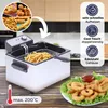A deep fryer with french fries and onion rings, with marketing text highlighting features. Produktbild-Vorschau