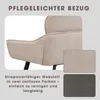 Close-up of a chair's upholstery with fabric swatches and descriptive text. Produktbild-Vorschau