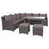 A grey wicker outdoor lounge set with a glass-topped table and two ottomans, shown on a white background. Produktbild-Vorschau