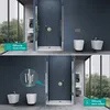 A split image showing a shower enclosure in two different configurations: one with the door opening inwards and another with the door opening outwards. The top panel shows the shower door closed, with a toilet and bidet in the background. The bottom panel  Produktbild-Vorschau