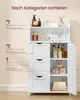A white bathroom cabinet with multiple storage options, including open shelves, drawers, and a cabinet with adjustable shelves. It is shown with various bathroom products and towels. Produktbild-Vorschau