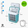 A turquoise and white electric cooler box filled with cans, with dimensions and capacity indicated by text and graphics. Náhľad obrázku produktu