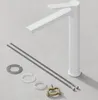 A white bathroom faucet and its installation accessories are laid out on a light gray surface. Anteprima dell’immagine prodotto