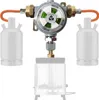 A gas regulator system with two gas canisters and a stove. Produktbild-Vorschau