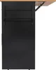 Side view of a black serving cart with a wooden top and folding table extension. Voir les images du produit