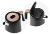 A collage showing two close-up views of a black electric kettle with copper accents. One view shows the top with the lid closed, and the other shows the lid open, revealing the interior. Náhled obrázku produktu
