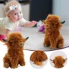 A baby crawling towards a plush toy Highland cow, with additional close-up shots of the toy. Produktbild-Vorschau