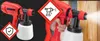 A collage showing a red electric paint sprayer from different angles, with safety symbols and a hand holding the sprayer. Produktbild-Vorschau