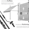 Diagrams and text illustrating the features and assembly of a retractable awning. Produktbild-Vorschau