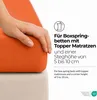 A hand is shown touching an orange mattress topper, with text describing its suitability for box spring beds. Produktbild-Vorschau