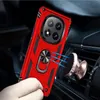 A red phone case with a ring holder is shown attached to a magnetic car mount on a car air vent. A hand is holding the phone case. Produktbild-Vorschau