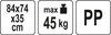 Three white squares with black text and icons indicating product dimensions, maximum weight capacity, and material. Podgląd zdjęcia produktu