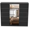 A black sliding door wardrobe with a mirrored center panel, reflecting a bedroom interior. Produktbild-Vorschau
