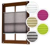 A window with a brown frame, fitted with a gray pleated blind. Several circular insets show close-ups of the blind in different colors. Produktbild-Vorschau