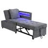 A gray sofa bed with an extended ottoman, illuminated by blue LED lights. Voir les images du produit