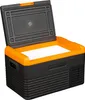 A portable cooler with its lid open, showing the interior. The cooler is black with an orange rim and lid handle. It sits on a white background. Produktbild-Vorschau