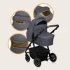 A grey baby stroller with three circular insets showing close-ups of the stroller's canopy features. Produktbild-Vorschau