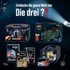 A collage of various "Die drei ???" branded products, including a detective case, a puzzle, books, and a CD set, presented against a dark, atmospheric background with a spotlight effect. Produktbild-Vorschau
