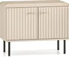 A close-up studio shot of a two-door beige cabinet with fluted doors and gold knobs, standing on black legs. Náhľad obrázku produktu
