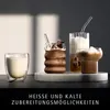 Four glasses with different drinks, including milk, chocolate drink with ice, and coffee drinks, are displayed on a marble tray. Voir les images du produit