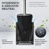 A toilet brush and its holder are shown with marketing text and graphics highlighting its features. Produktbild-Vorschau