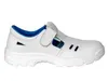 A white safety sandal with blue trim, shown from the side against a white background. Produktbild-Vorschau