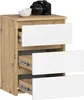 A bedside table with three drawers, one of which is partially open, and a camera and bowl on top. Produktbild-Vorschau