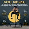 A woman is jumping on a trampoline, with marketing text and icons around her. Voir les images du produit