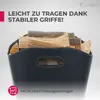 A dark gray log basket filled with firewood, with text overlays highlighting features. Produktbild-Vorschau