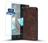 A brown flip cover phone case and a screen protector are displayed against a white background. Produktbild-Vorschau