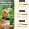 A dog wearing a GPS tracker collar, with subscription options displayed. Produktbild-Vorschau