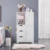 A white bathroom cabinet with drawers and shelves is shown in a bathroom setting. Produktbild-Vorschau