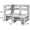 A corner sofa made of wooden pallets, with dimensions indicated by measurement lines and text. Produktbild-Vorschau